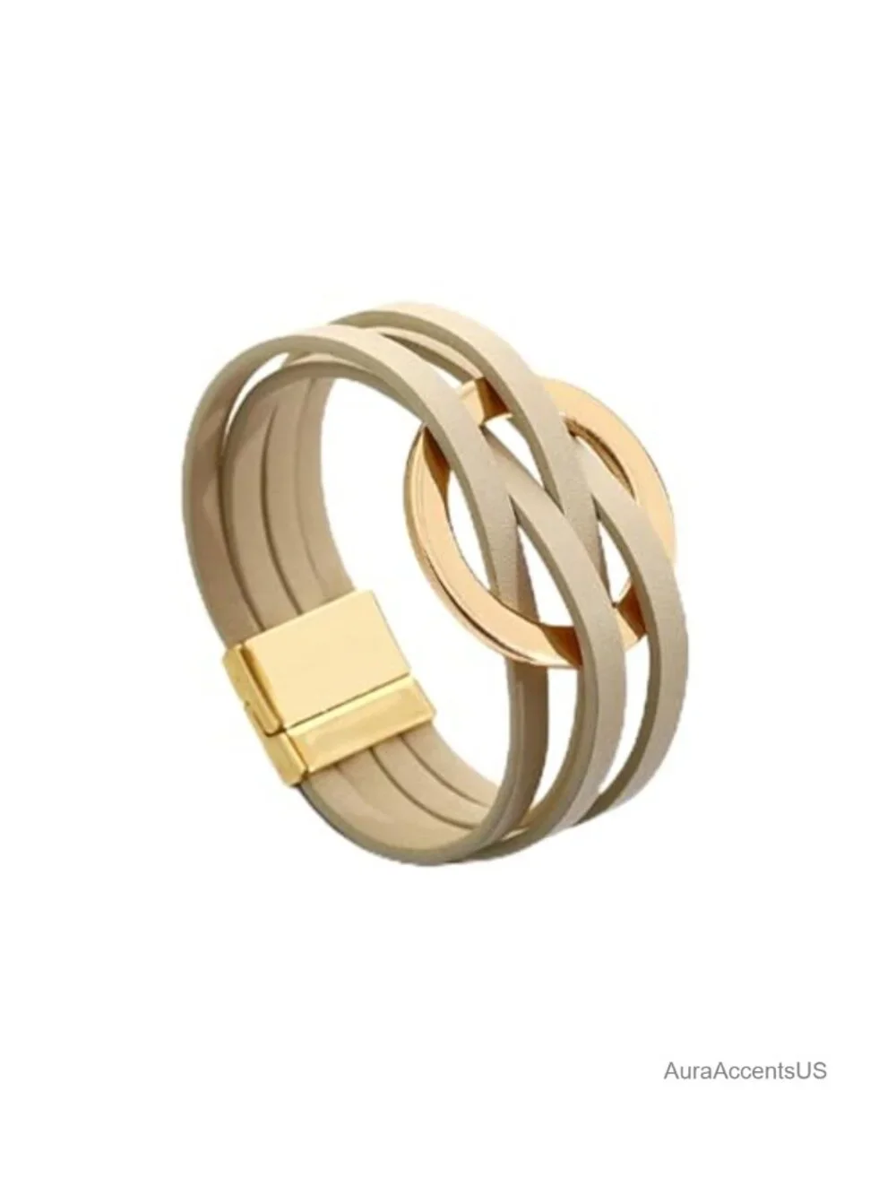 Boho Womens Leather Wrap Bracelet with Gold Circle Charm | Multilayer Stackable